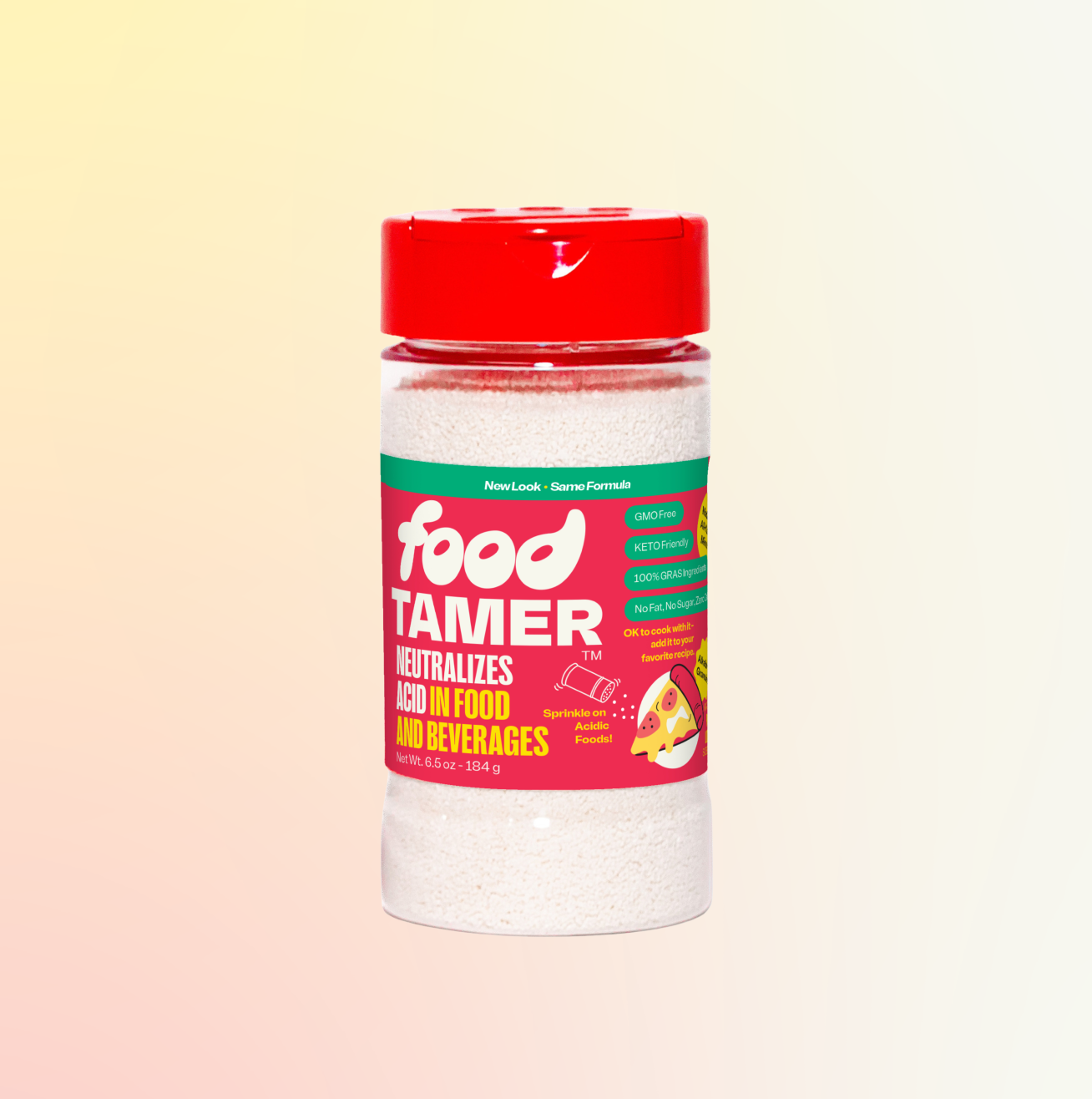 A white shaker bottle with a red cap labeled 'Food Tamer' with additional product information.