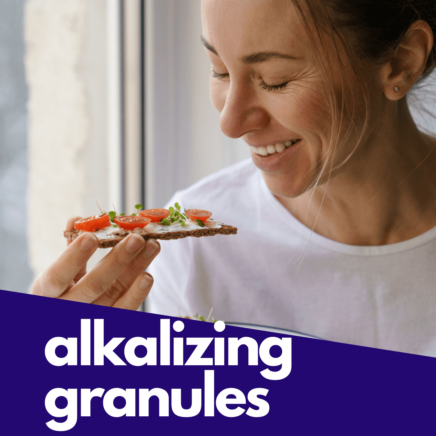 CalciBlend Alkalizing Granules with woman enjoying food
