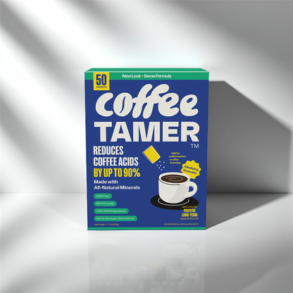 Box of Coffee Tamer on a gray background