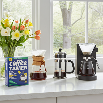 Coffee-making setup with coffee tamer, flowers, and a window view