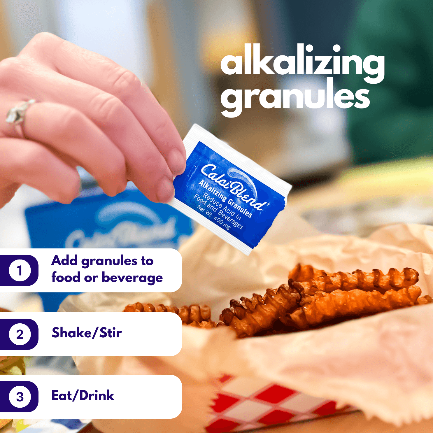 CalciBlend How to Use - Add granules to food and eat