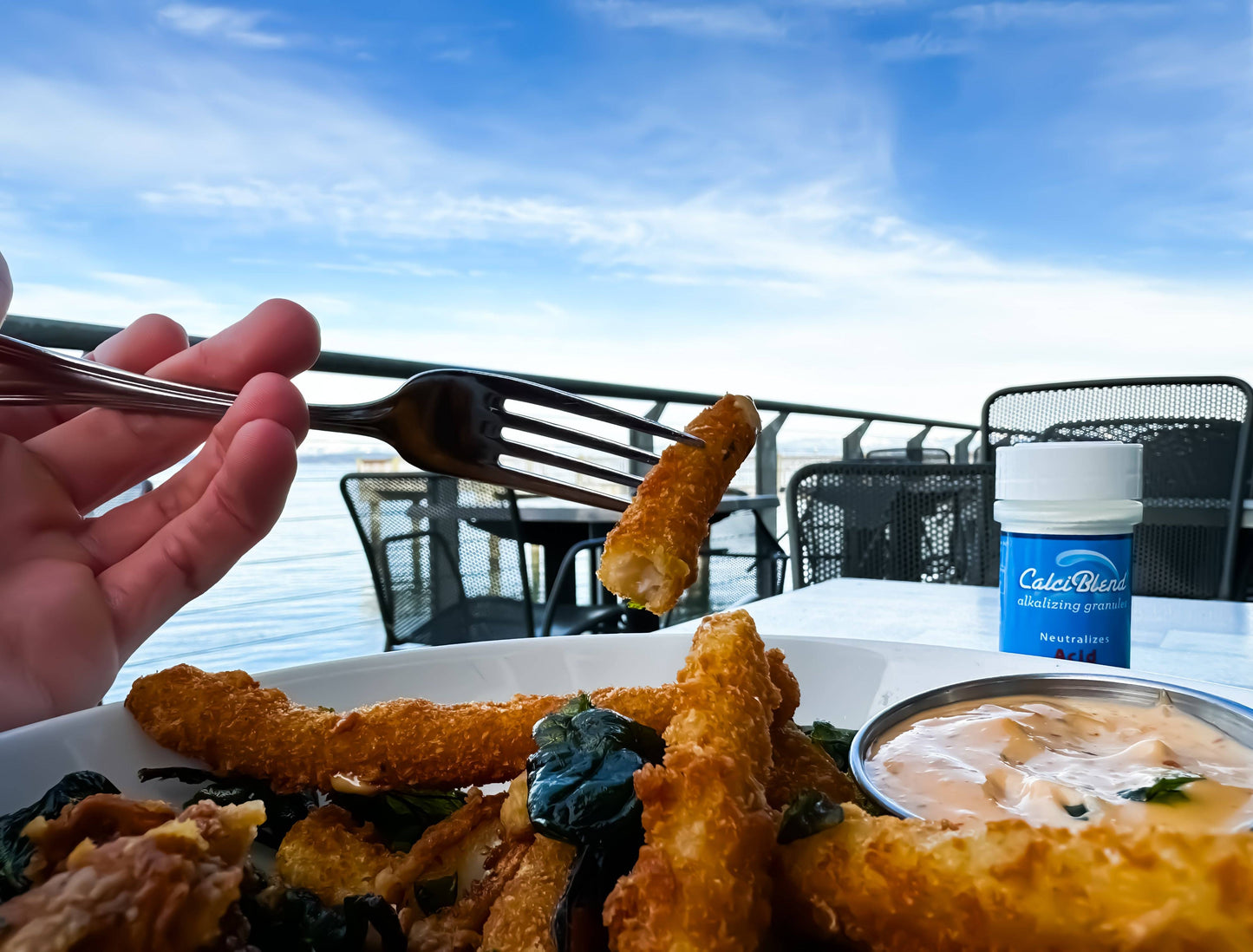 CalciBlend acid reducer with plate of fried food on a patio on the water